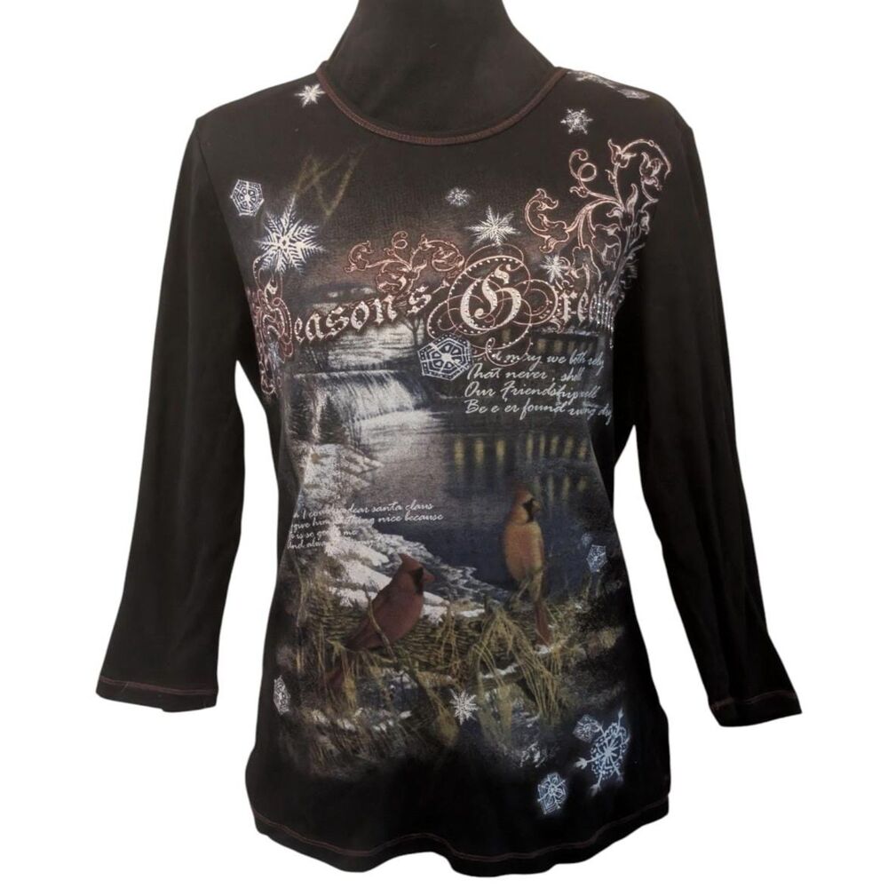 Cottagecore Winter Cardinals Rhinestone Season's Greetings Graphic Top, Size XL